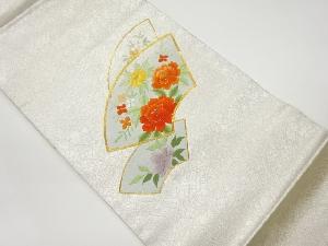 金駒刺繍地紙に花・葉模様名古屋帯